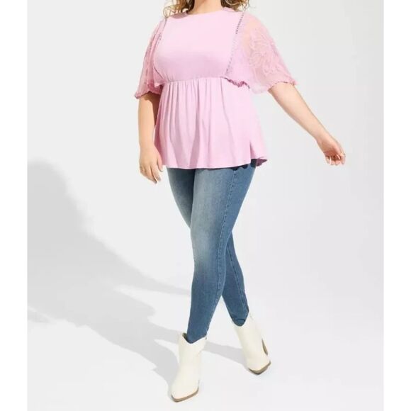 Torrid Babydoll Top Blouse Tunic Lace Short Scallop Sleeves Size 2 2X Pink - Picture 2 of 11